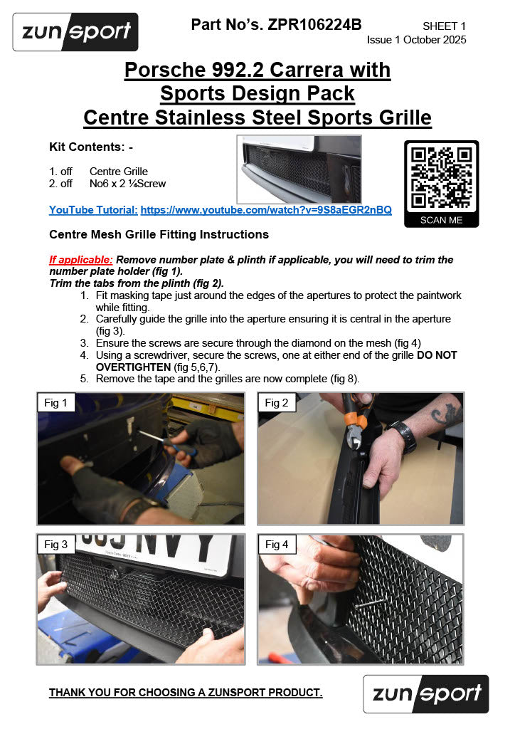 Zunsport Compatible with Porsche Carrera 992.2 Sports Design Pack with Front Driving Camera Centre Grille - (2024 -)