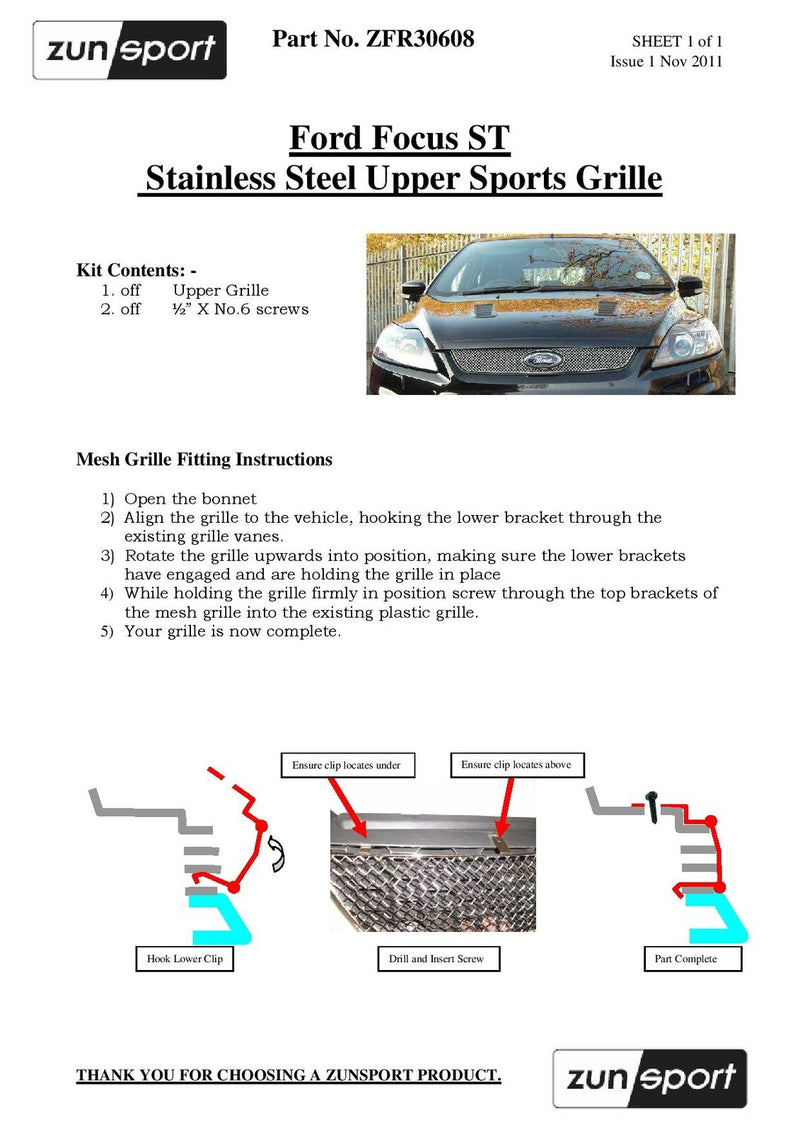 Ford Focus ST 08MY - Upper Grille - Silver finish (2008 to 2010)