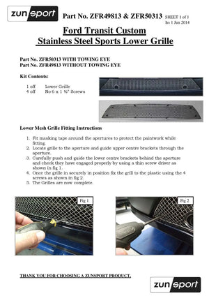 Ford Transit Custom - Lower Grille (Without Parking Sensor) - Silver finish (2013 - 2018)