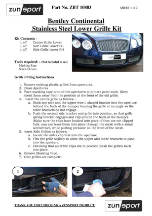 Bentley Continental GT Lower Grille (Grill) Set - Black finish (2003 to 2007)