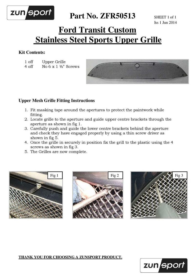 Ford Transit Custom - Upper Grille - Black finish (2013 - 2018)