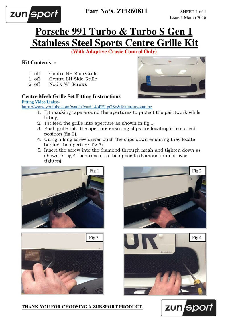 Porsche 991 Turbo And Turbo S Gen 1 - Centre Grille Set (ACC) - Black Finish (2013 to 2015)