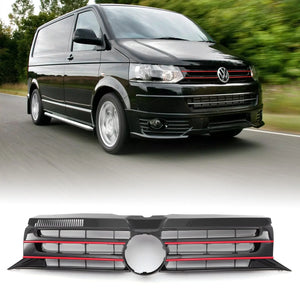 Gloss Black Badged Front Bumper Grille Red Trim - VW Transporter T5.1 09-15