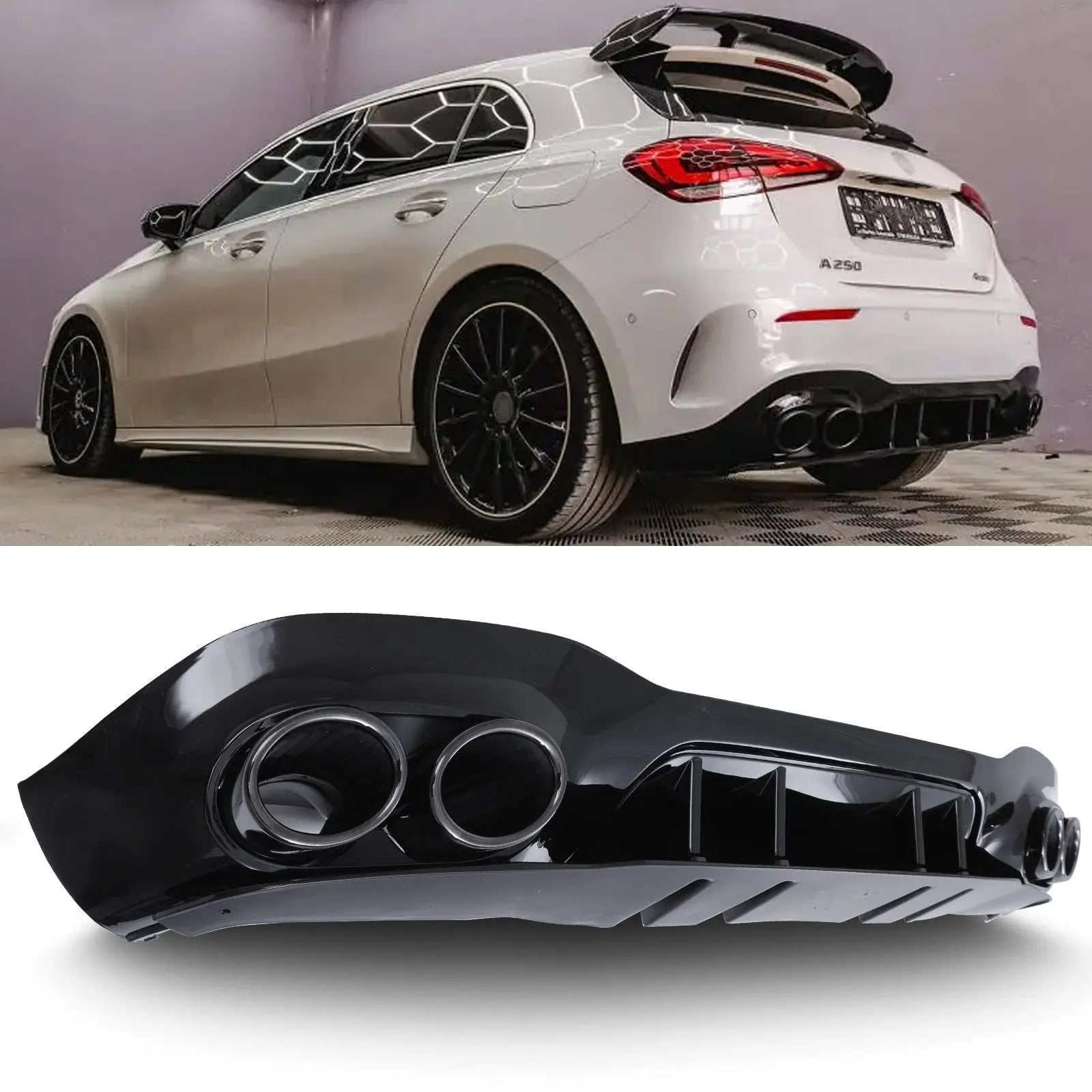 Quad Exit Rear Diffuser Gloss Black with Chrome Tips – Mercedes A Clas
