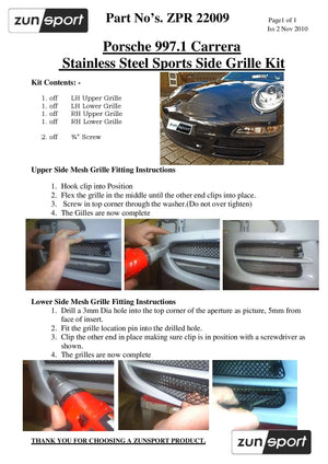 Porsche 997.1 (C2,C2S,C4,C4S) - Front Grille Set - Black finish (2004 to 2008)