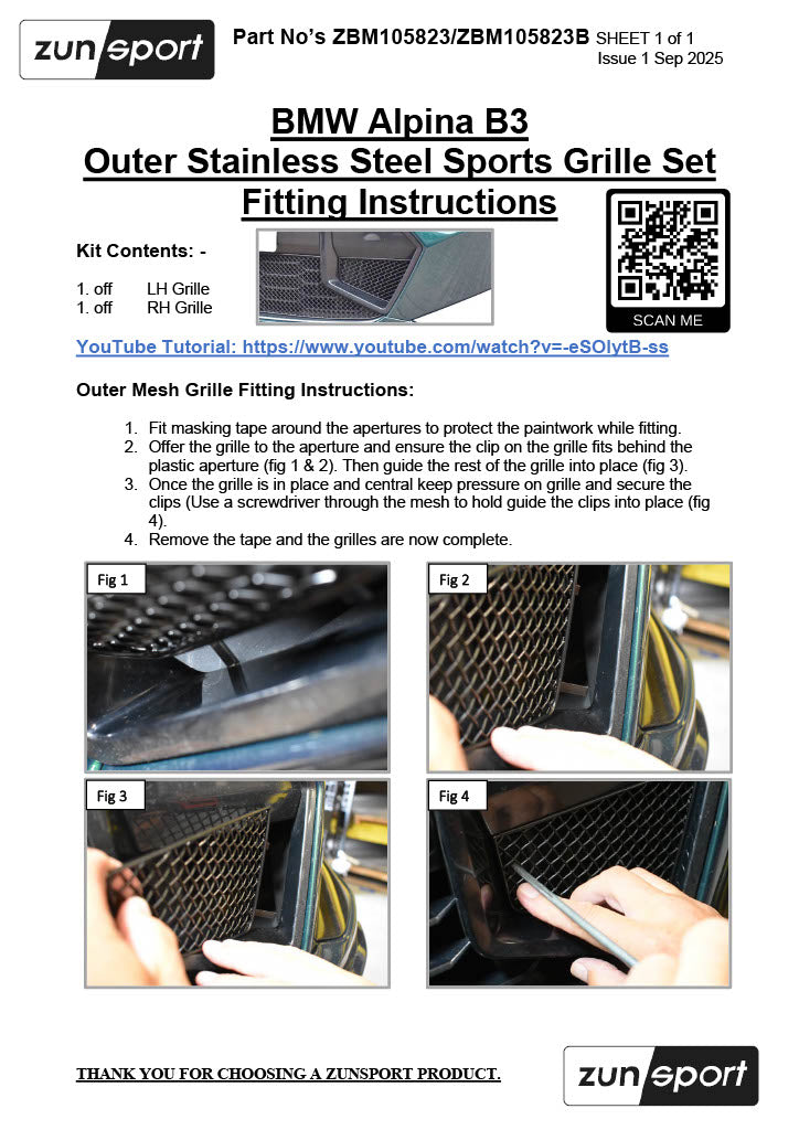 Zunsport compatible with BMW Alpina B3 Biturbo Outer Grille Set - Black Finish (2023 - 2025)
