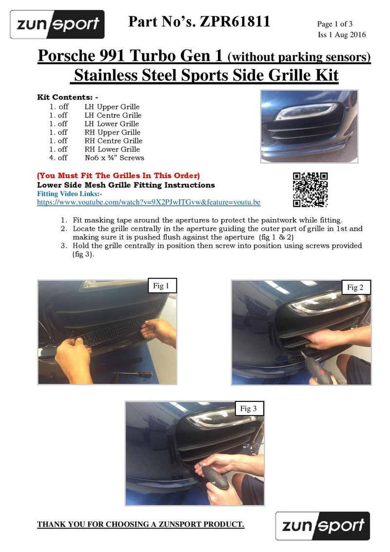 Porsche 991 Turbo Gen 1 - Outer Grille Set (Without Parking Sensors) - Silver Finish (2013 to 2015)