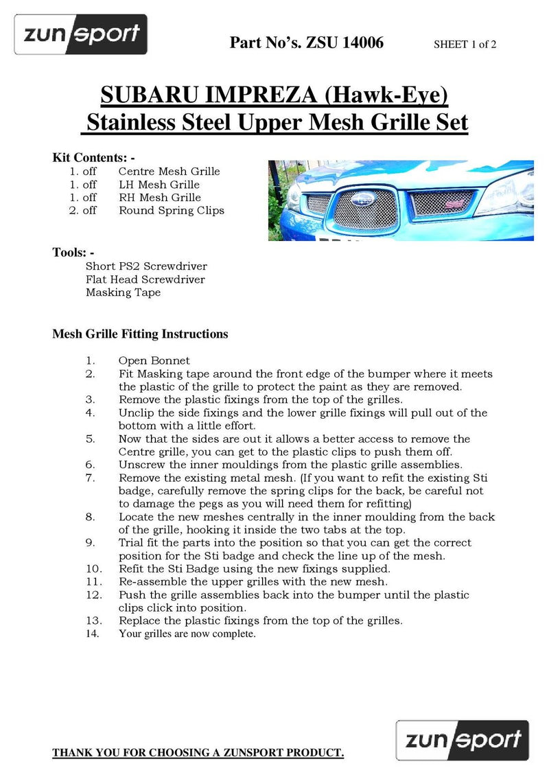 Subaru Impreza Hawkeye - Full Grille Set - Black finish (2006 to 2007)