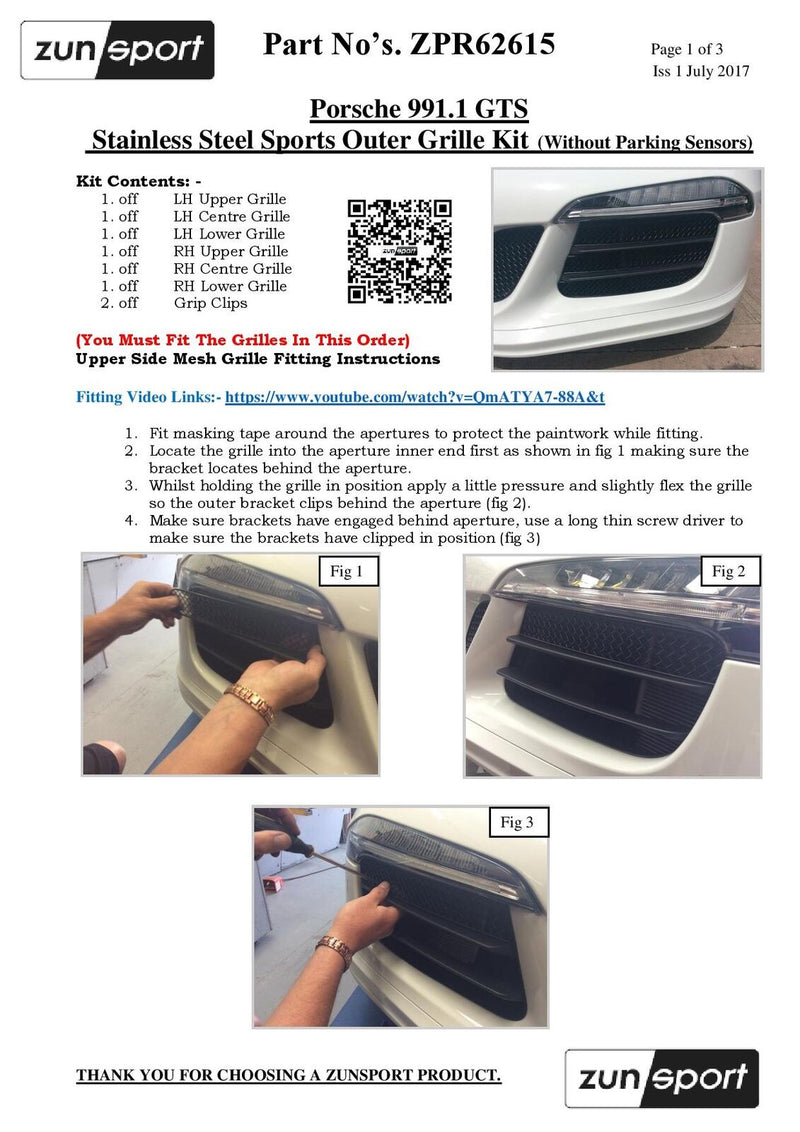 Porsche 991.1 GTS - Outer Grille Set (Without Parking Sensors) - Black Finish (2015 - 2016)