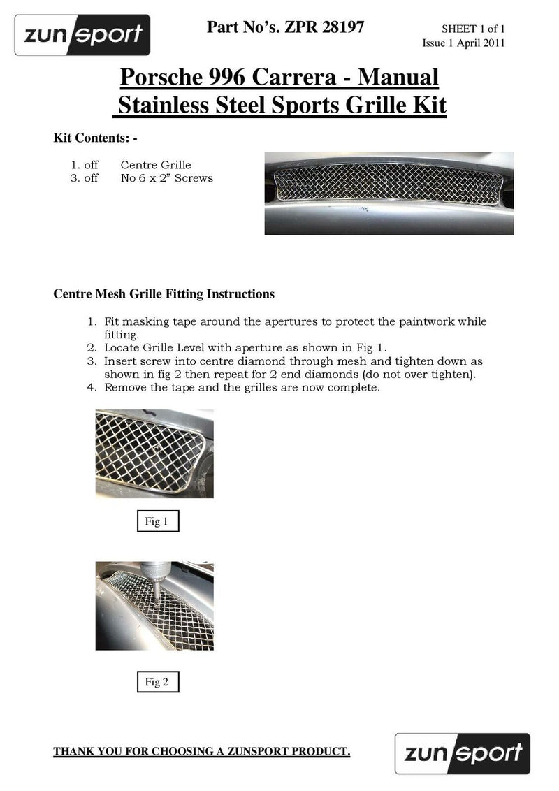 Porsche Carrera 996 (Manual) - Centre Grille - Silver finish (1997 to 2002)