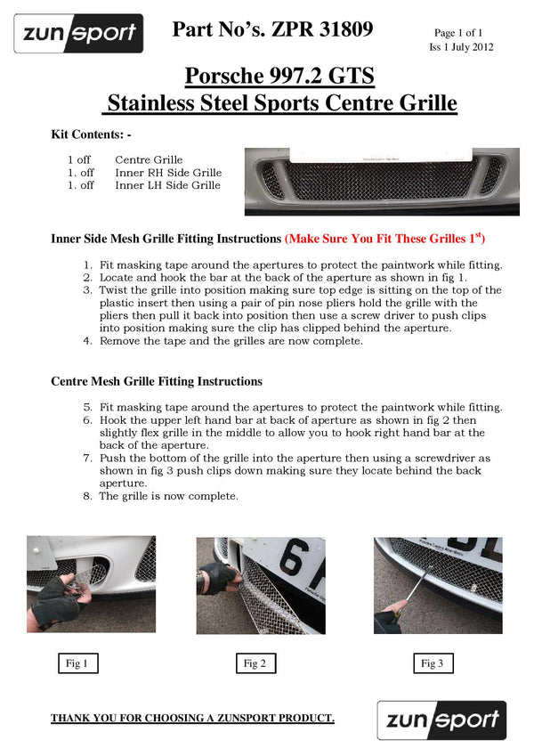 Porsche Carrera 997.2 GTS Centre Grille Set - Black finish (2009 to 2012)