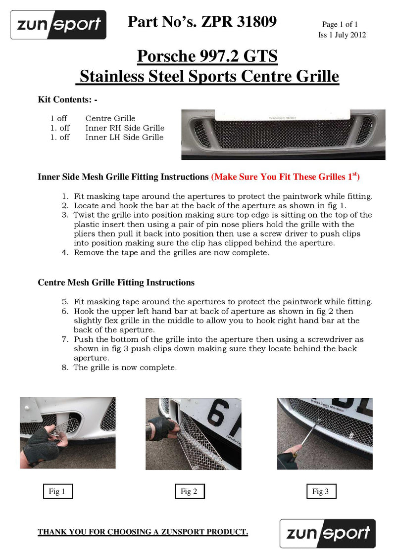 Porsche Carrera 997.2 GTS Centre Grille Set - Black finish (2009 to 2012)