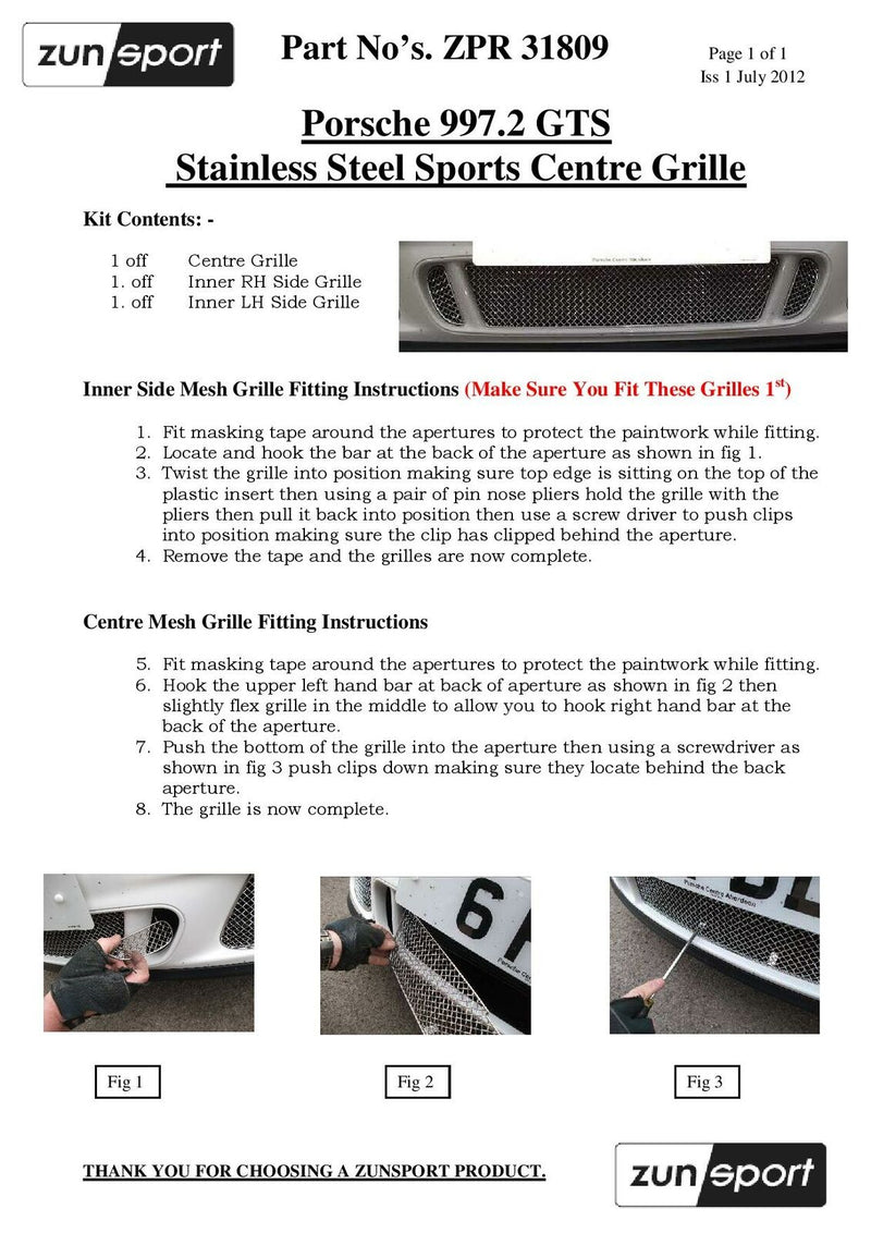 Porsche Carrera 997.2 GTS Centre Grille Set - Silver finish (2009 to 2012)