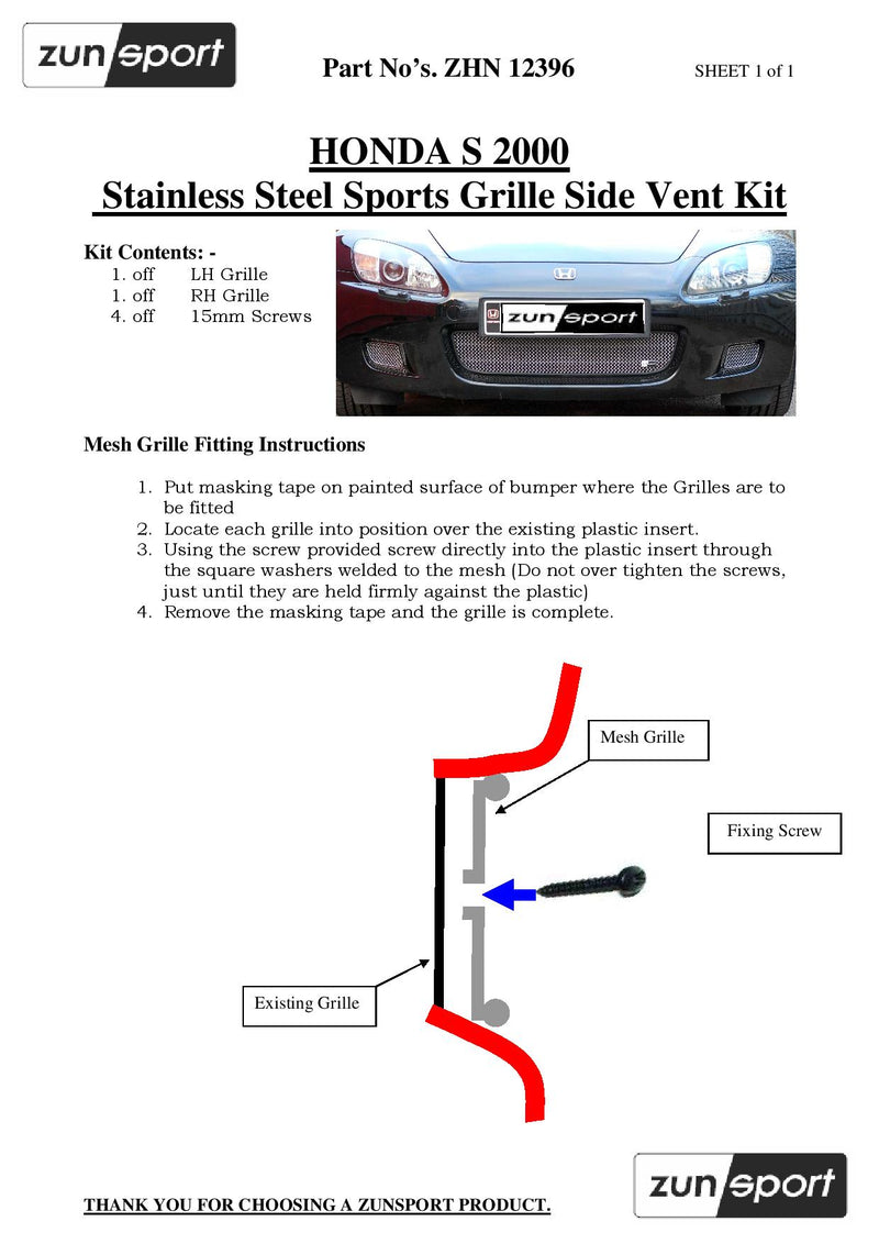 Honda S2000 Front Grille Set - Black finish (1999 - 2003)