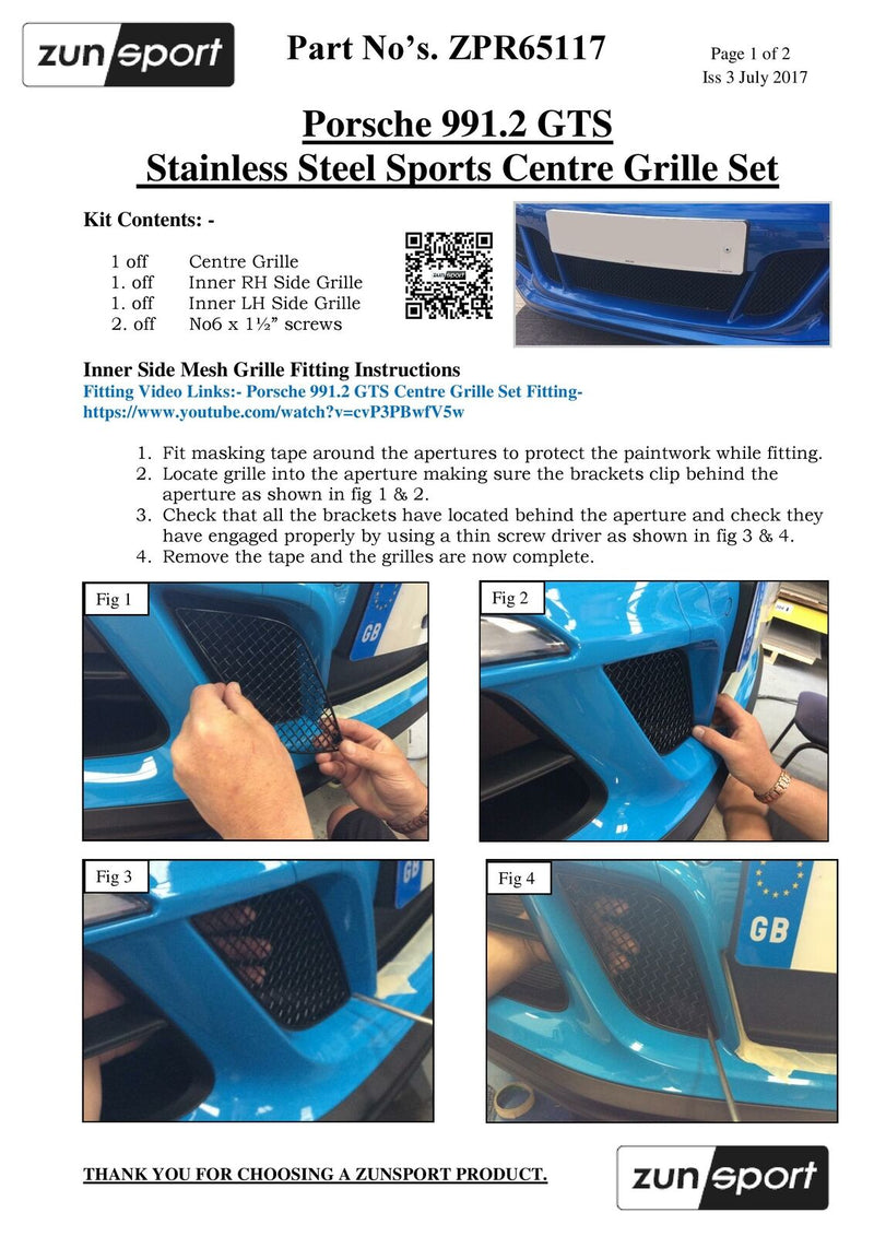 Porsche Carrera 991.2 GTS - Centre Grille Set - Black Finish (2017 to 2019)
