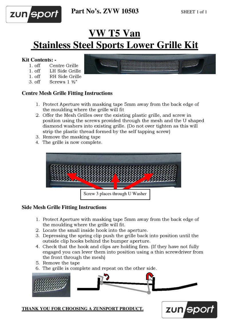 Volkswagen T5 Full Grille Set - Black finish (2003 to 2006)