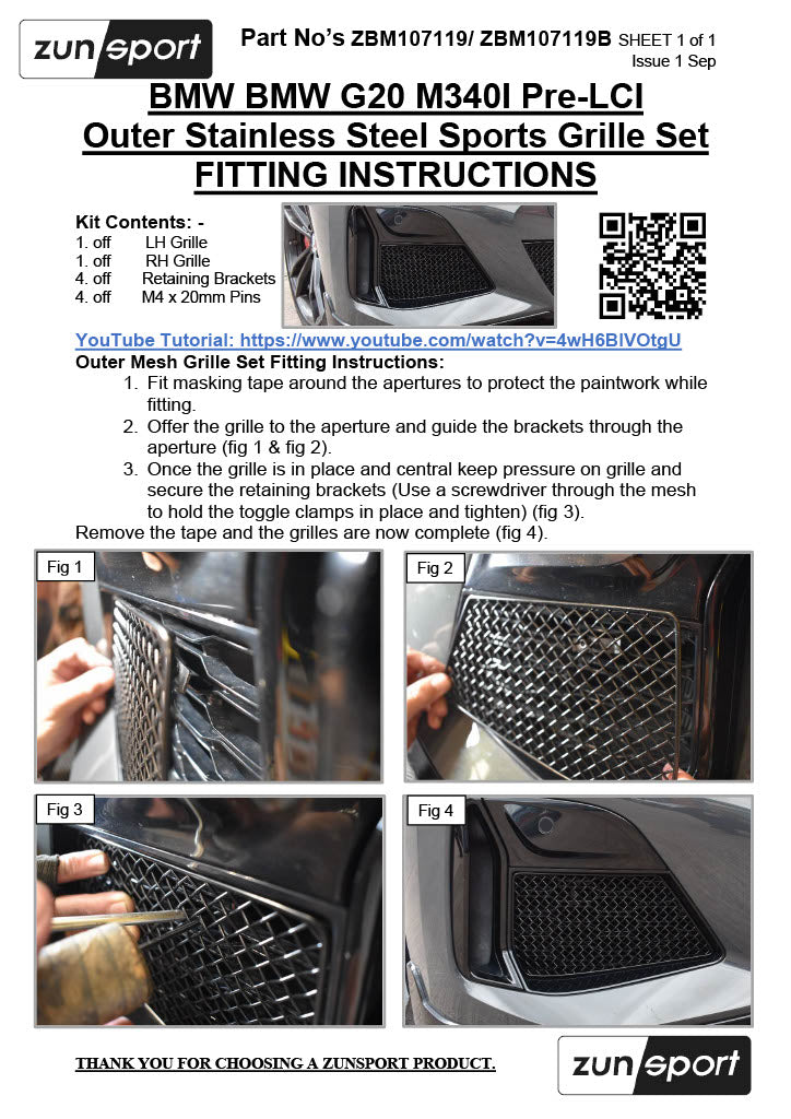 Zunsport Compatible with BMW G20 M340I Pre-LCI Outer Grille Set - Black Finish (2019 - 2022)