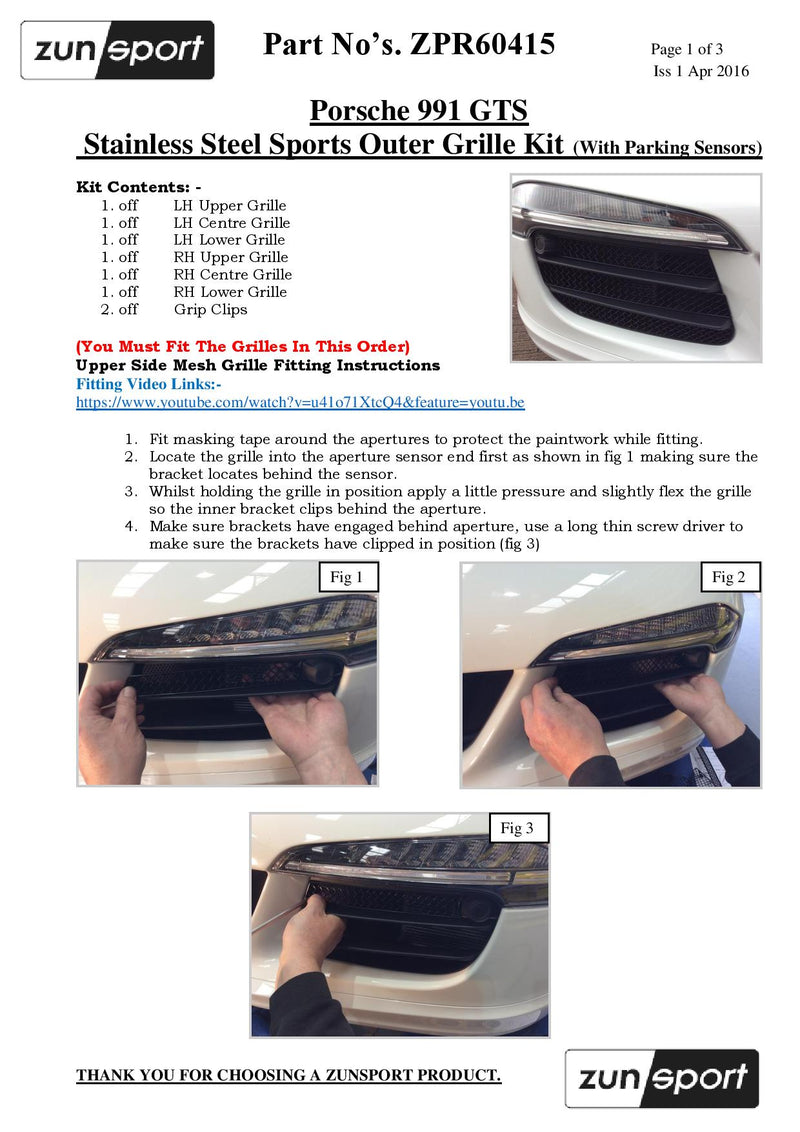 Porsche 991.1 GTS - Outer Grille Set (With Parking Sensors) - Black Finish (2015 - 2016)