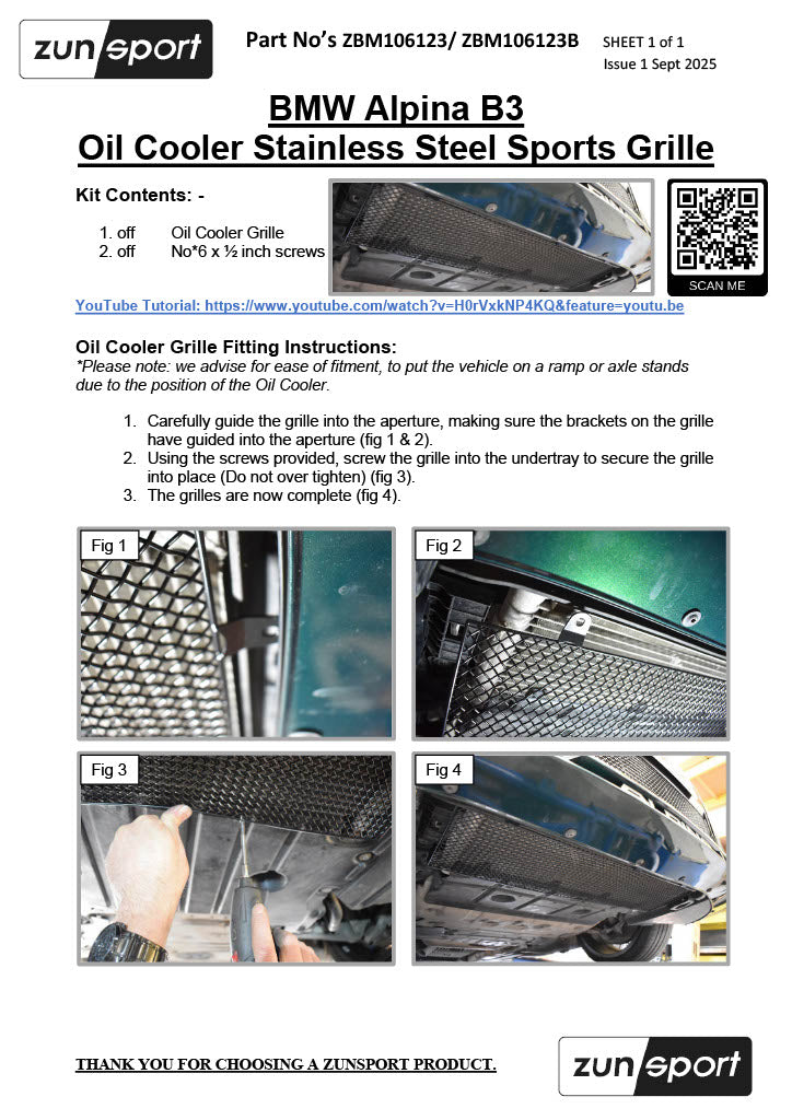 Zunsport Compatible with BMW Alpina B3 Biturbo Oil Cooler Grille - Black Finish (2023 - 2025)