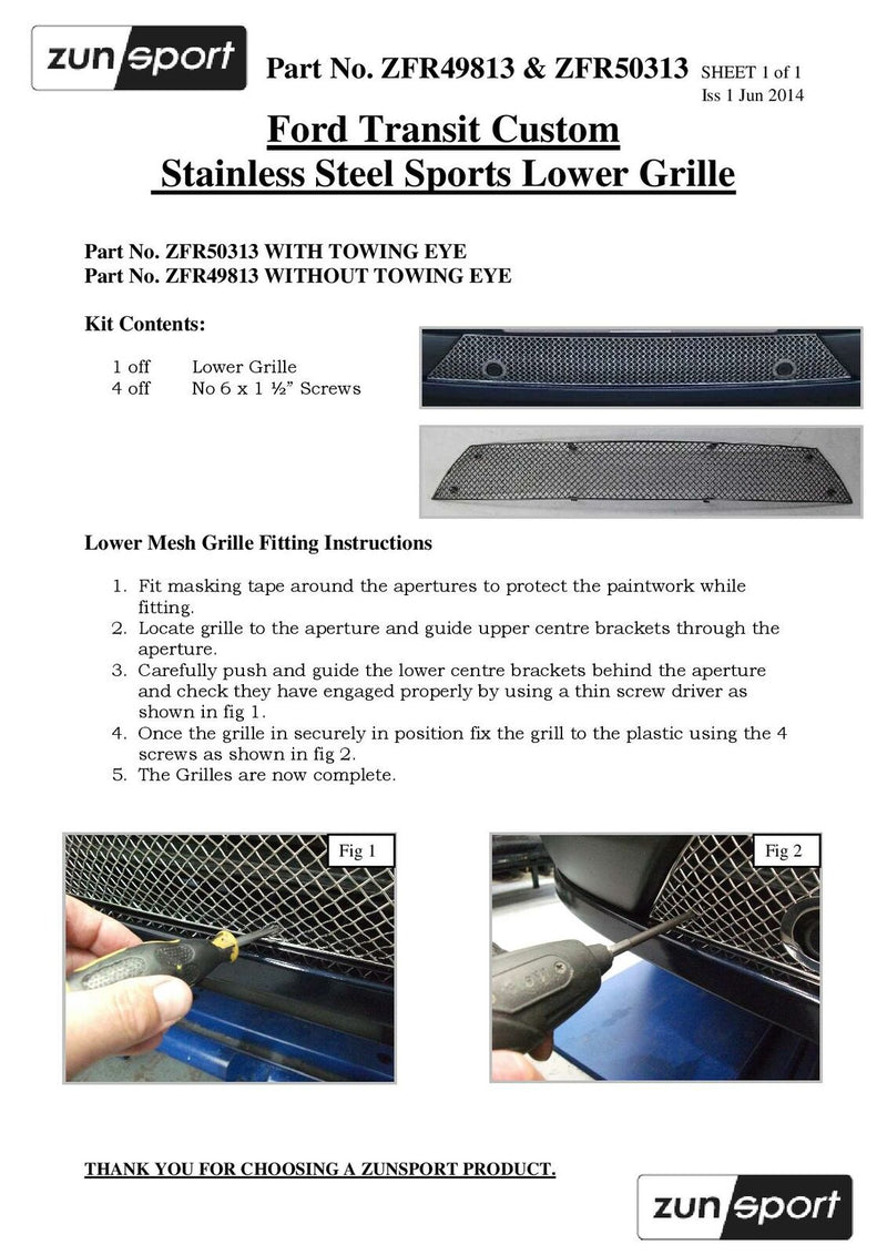 Ford Transit Custom - Lower Grille (With Parking Sensor) - Silver finish (2013 - 2018)