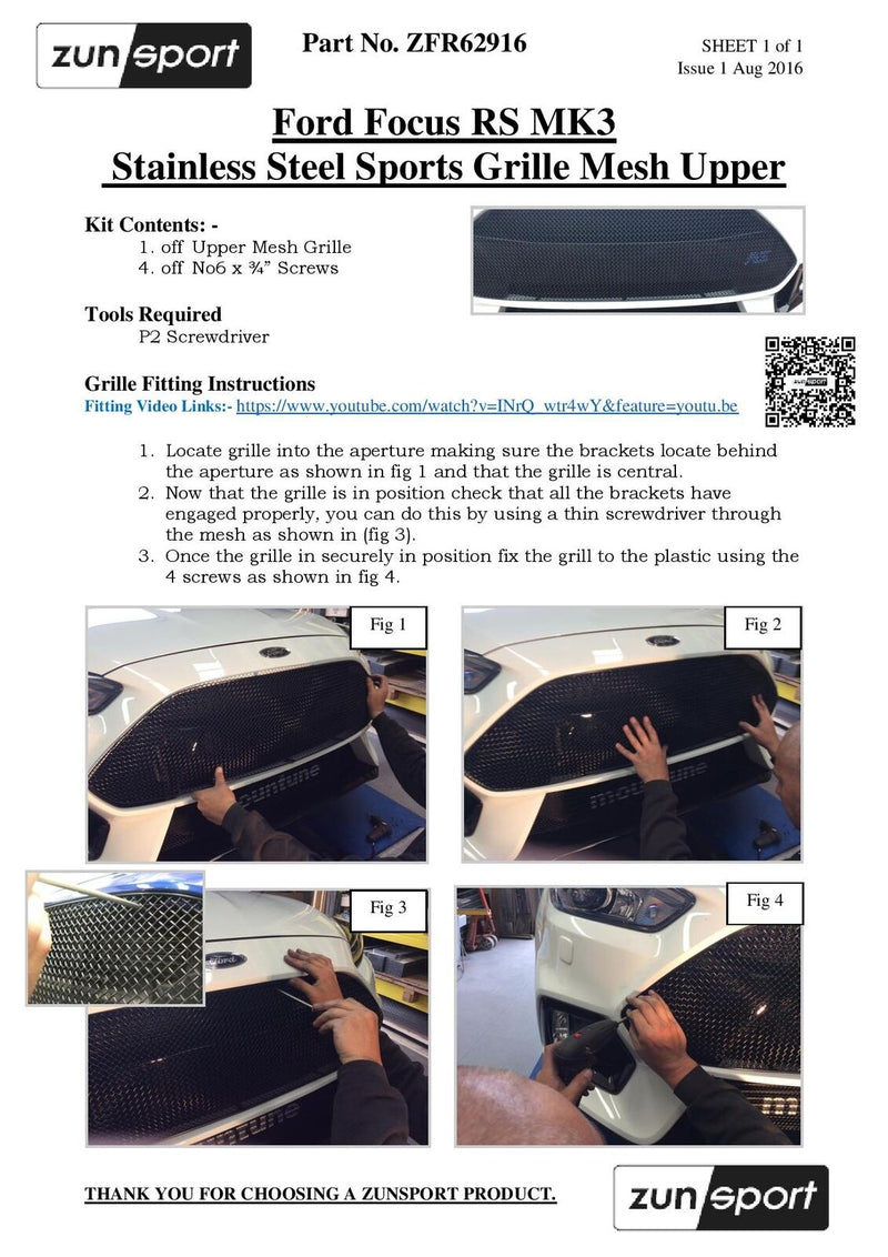 Ford Focus RS MK3 - Upper Grille - Black finish (2016 to 2018)