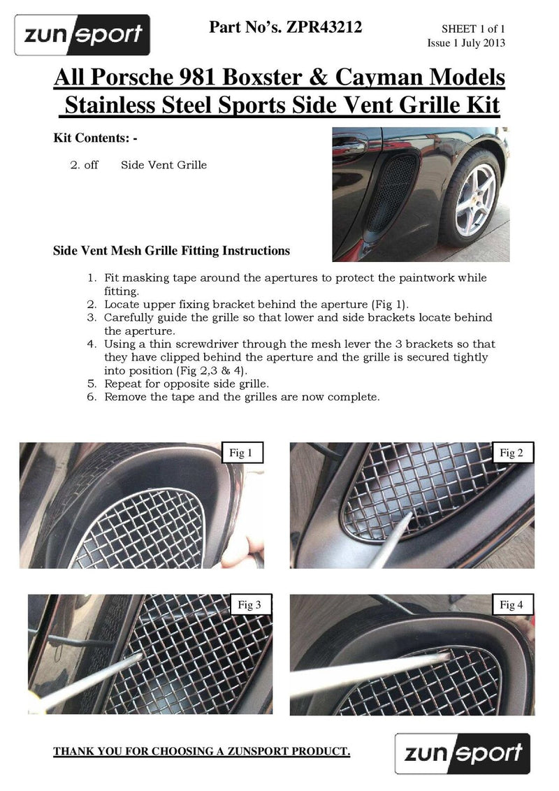 Porsche Cayman/Boxster 981 (All) - Side Vents Grille Set - Black finish (2012 to 2016)