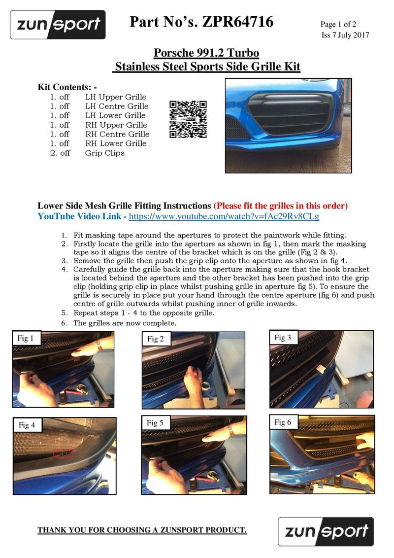 Porsche Carrera 991.2 Turbo And Turbo S - Outer Grille Set - Black Finish (2016 to 2018)