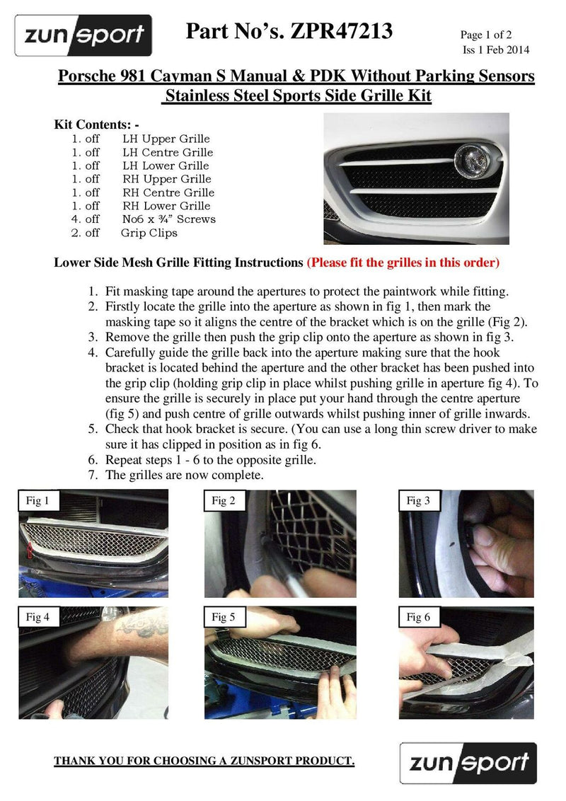 Porsche Cayman S 981 (Manual without Sensors) - Front Grille Set - Black finish (2012 to 2016)