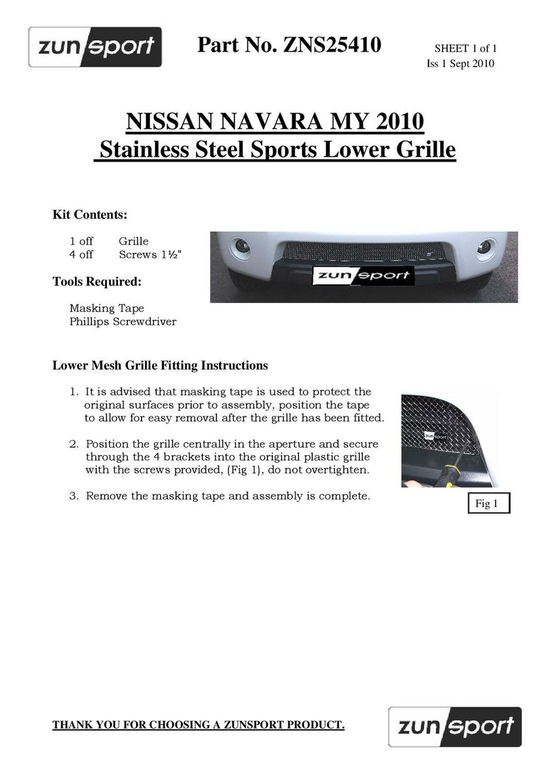 Nissan Navara Front Lower Grille - Black finish (2010 to 2013)