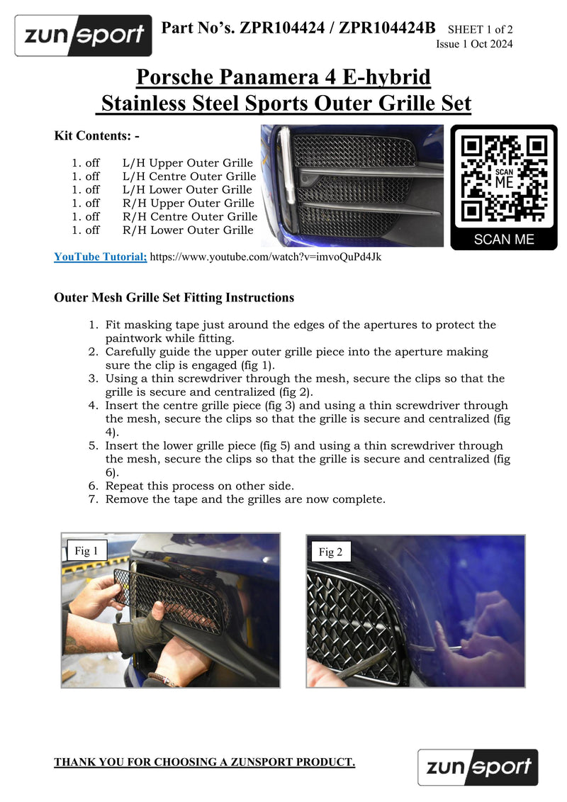 Zunsport Compatible with Porsche Panamera 4 E-hybrid 2024 - Outer Grille Set (2024 -)