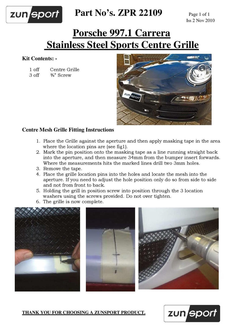 Porsche Carrera 997.1 (C2,C2S,C4,C4S) - Centre Grille - Silver finish (2004 to 2008)