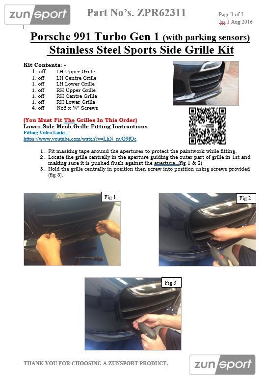 Porsche Carrera 991.1 Turbo (With Parking Sensors) - Outer Grille Set - Silver Finish (2011 - 2015)