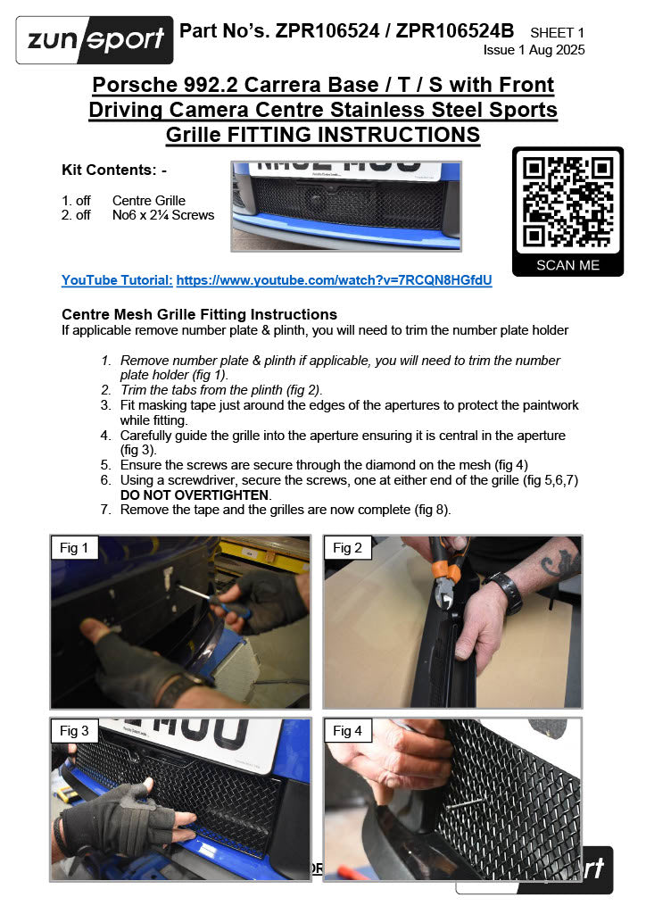 Zunsport compatible with Porsche Carrera 992.2 Base / T / S with Front Driving Camera Centre Grille (2024 -)