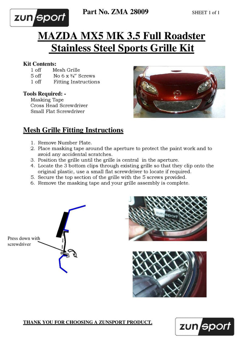 MAZDA MX5 MK3.5 ROADSTER FRONT LOWER GRILLE (WITHOUT NUMBER PLATE) (2009 to 2012)