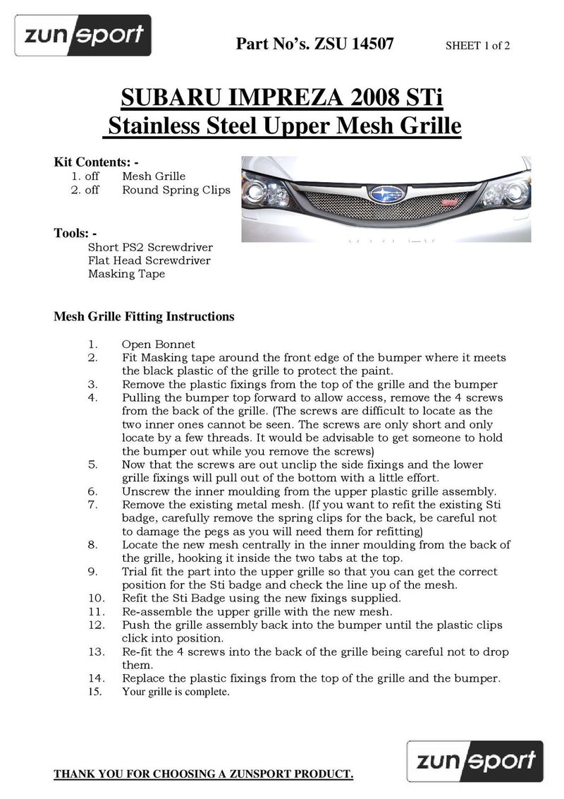 Subaru Impreza STi 2008 MY - Top Grille - Black finish (2008 to 2010)