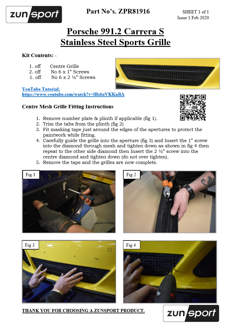 Porsche Carrera 991.2 - Centre Grille - Black finish (2016 - 2019)