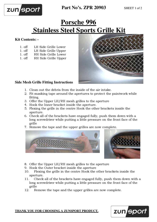 Porsche Carrera 996 (Manual) - Front Grille Set - Black finish (1997 to 2002)