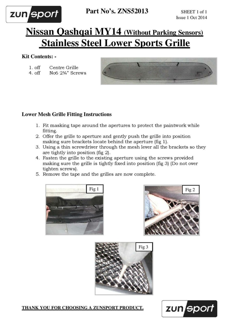 Nissan Qashqai (2.0 Diesel without Parking Sensors) - Lower Grille - Black finish (2014 onwards)
