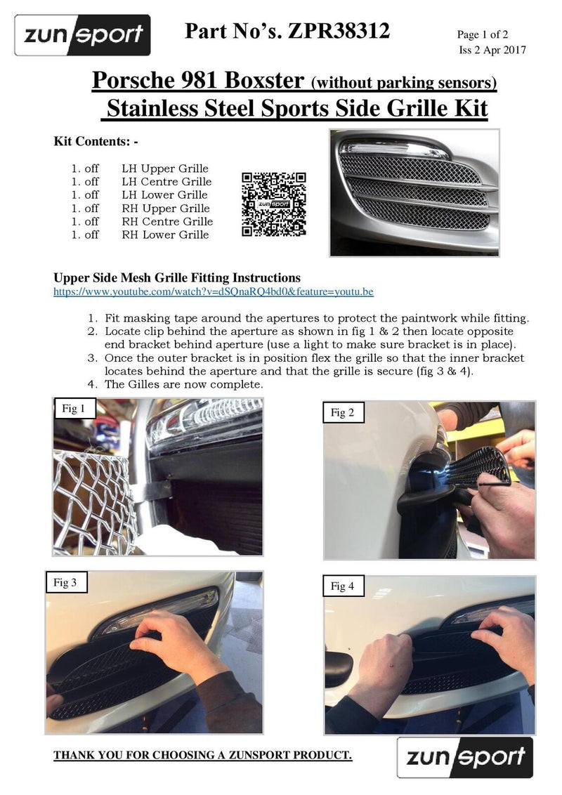 Porsche Boxster 981 - Front Grille Set (Without Parking Sensors) - Black finish (2012-2016)