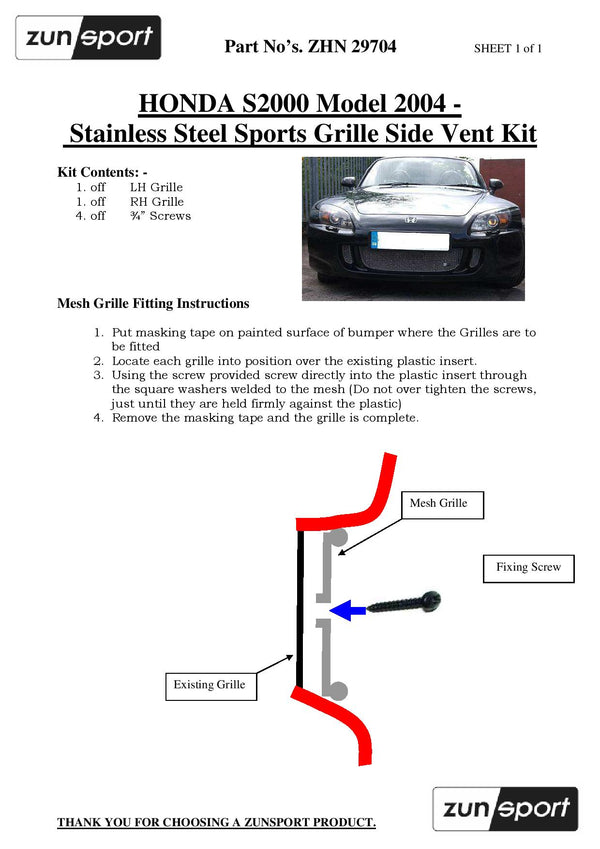 Honda S2000 - Front Grille Set - Silver finish (2004 - 2009)