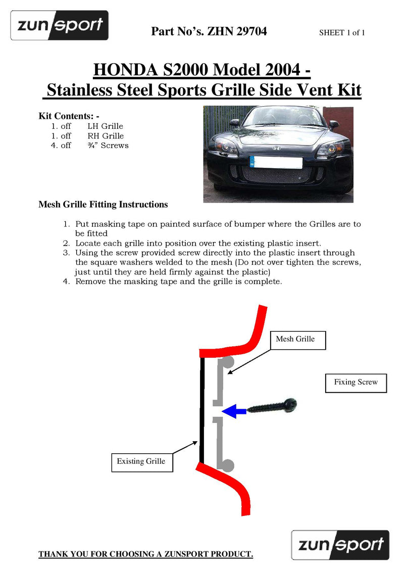 Honda S2000 - Front Grille Set - Silver finish (2004 - 2009)