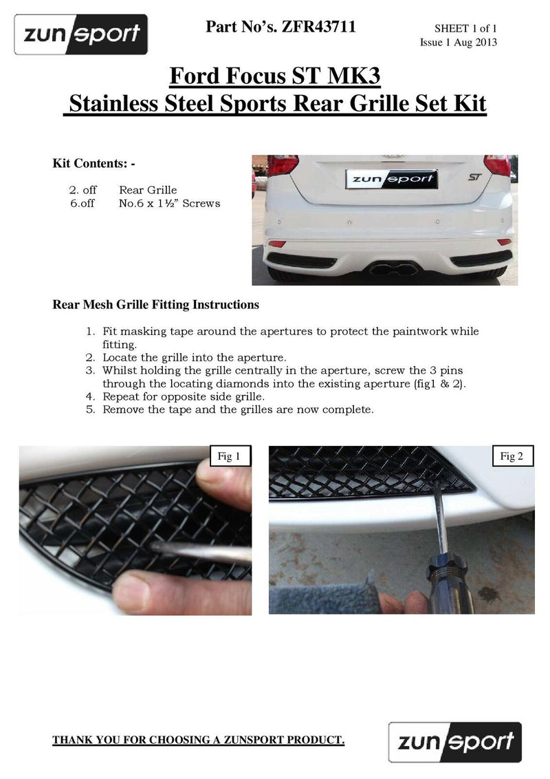 Ford Focus ST Mk3 - Rear Grille Set - Black finish (2011 to 2014)